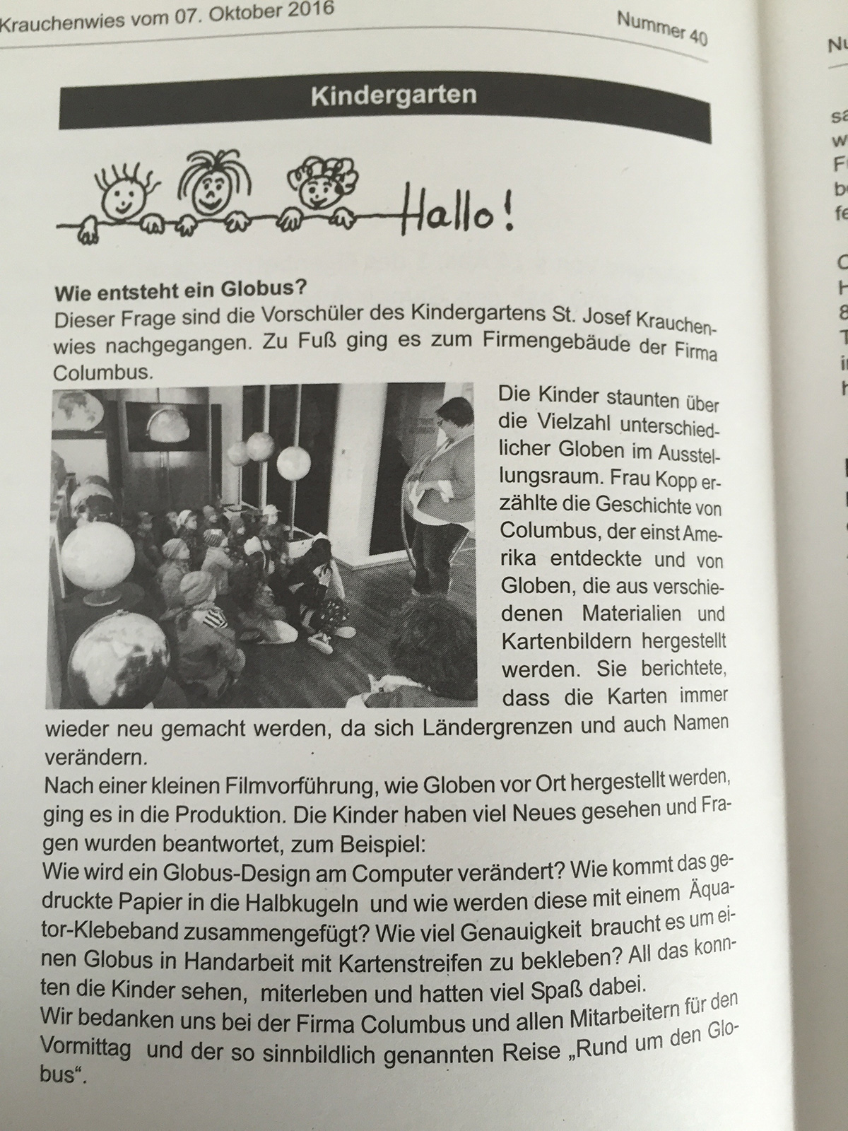 Seite aus einer Publikation vom 7. Oktober 2016 mit dem Titel „Kindergarten“. Sie zeigt einen Bericht über den Besuch von Vorschulkindern der Kita St. Josef Krauchenwies bei der Firma Columbus zur Herstellung von Globen.